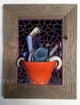 glass, mosaic, blown, found object art, art, tea cup, secrets, saucer, purple, mirror