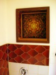 glass, mosaic, art, install, sunburst, yellow, orange, tan, brown, star, mc escher