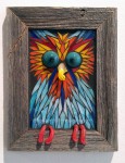 fine art glass mosaic owl, red, blue, orange, gold, 3D