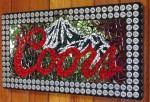glass, mosaic, art, bar, sign, coors, bottle caps, mirror, mountain, red
