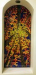 mosaic, art, glass, trees, fall, sunburst, yellow, gold, orange, red, brown, blue, mural, niche