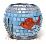 glass, mosaic, art, fish, bowl, blue, orange, candle holder