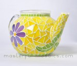 stained, glass, mosaic, tea, pot, flower, leaf, yellow, purple, vase