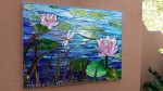 lotus, flower, mosaic, lily, pond, dragonfly, fine, art, glass, pink, blue, water, ripples, cat tail
