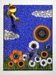 fine art stained glass mosaic flowers, sunflower, clouds, and watering can, found objects, sunburst, blue, green, grass