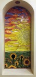 glass, mosaic, art, mural, niche, sunflower, summer, sunset, sun, sky, yellow, orange, pink, purple, blue, green