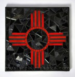 stained, glass, mosaic, new mexico, zia, trivet, black, silver, iridescent, red