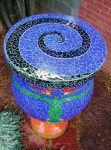 glass, mosaic, art, fine, outdoor, urn, bird of paradise, horse shoe, blue, iridescent, sunburst, spiral