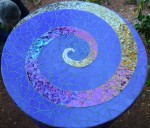 glass, mosaic, art, fine, outdoor, urn, bird of paradise, horse shoe, blue, iridescent, sunburst, spiral
