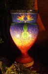 glass, mosaic, art, fine, outdoor, urn, bird of paradise, horse shoe, blue, iridescent, sunburst